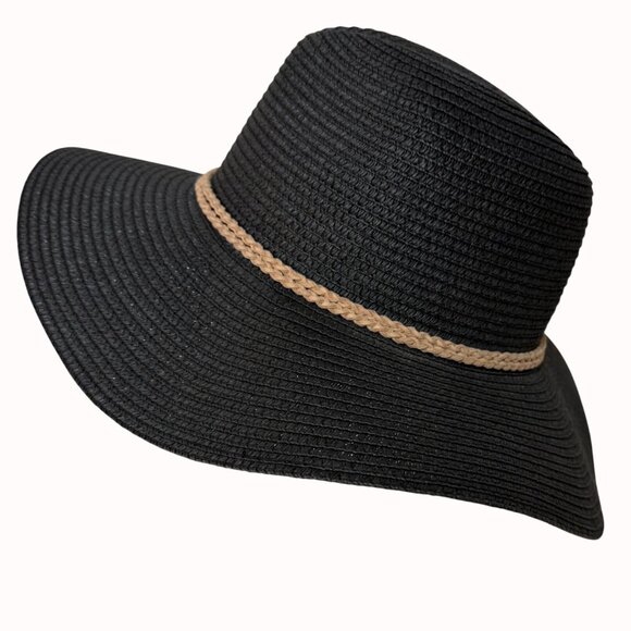 MudPie Wide Brim Sun Hat Boho Floppy Black Braided Band Tassels Beach Cruise main image 8